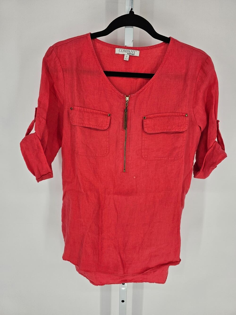 Company by Ellen Tracy Womens Sz S 100% Linen Popover Blouse Pink Tab Sleeve